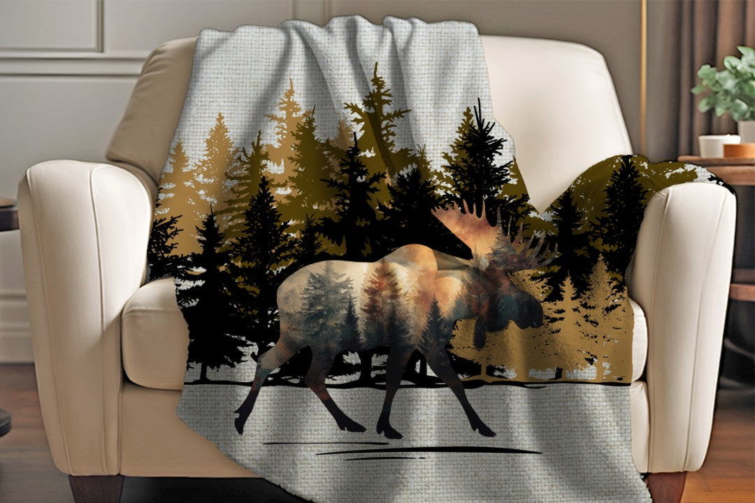 Sherpa Throw Blanket - Moose Silhouette in Woods - Soft Plush Throw Blanket