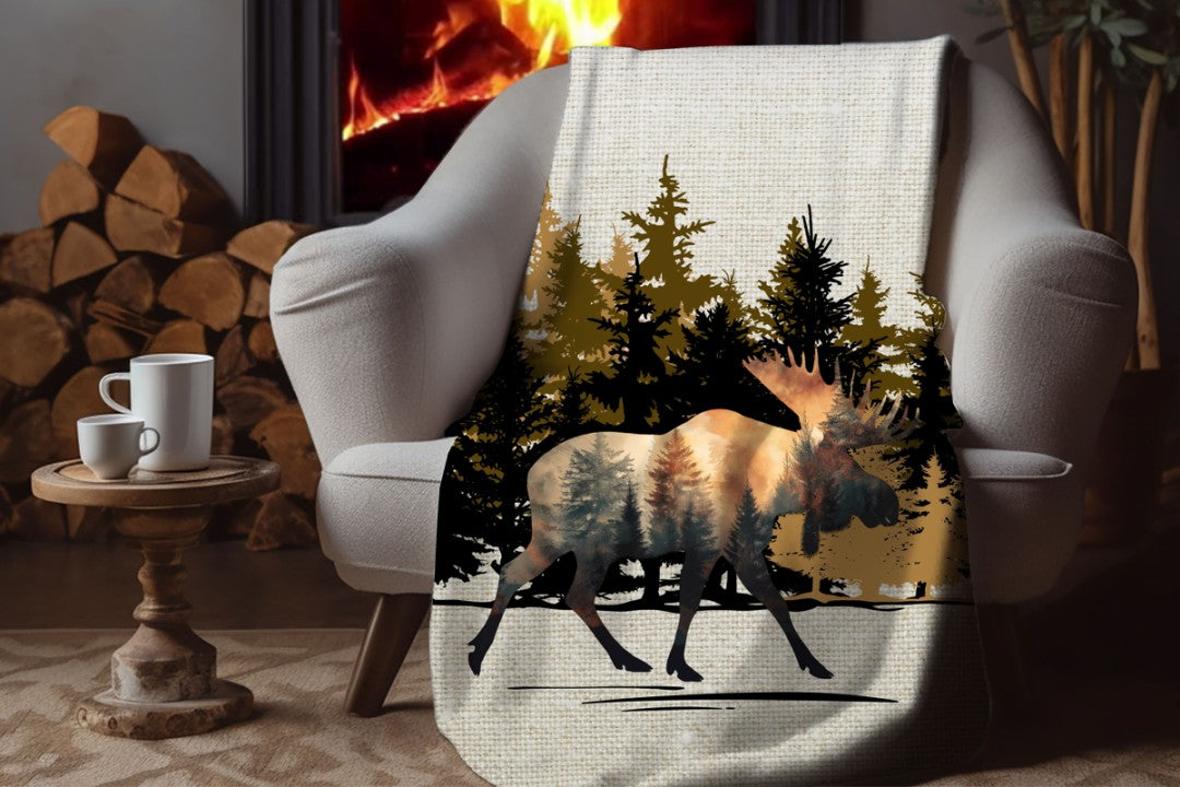 Sherpa Throw Blanket - Moose Silhouette in Woods - Soft Plush Throw Blanket