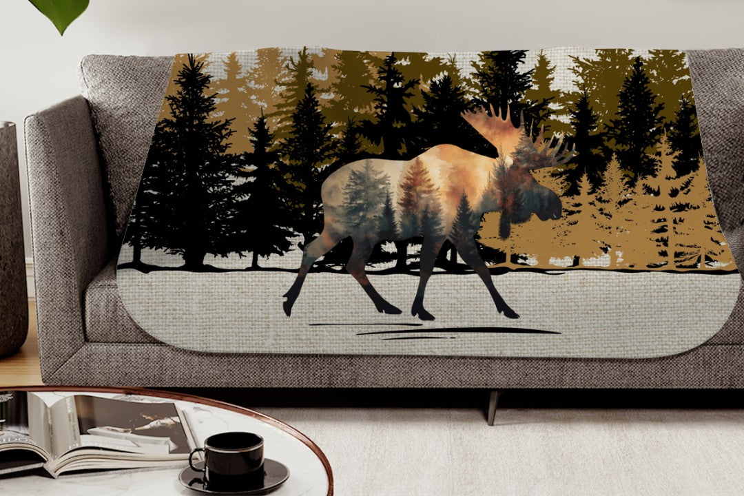 Sherpa Throw Blanket - Moose Silhouette in Woods - Soft Plush Throw Blanket