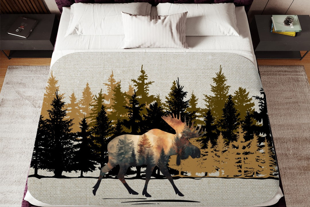 Sherpa Throw Blanket - Moose Silhouette in Woods - Soft Plush Throw Blanket