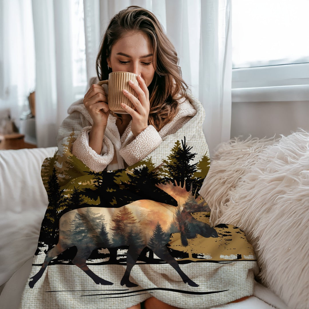 Sherpa Throw Blanket - Moose Silhouette in Woods - Soft Plush Throw Blanket