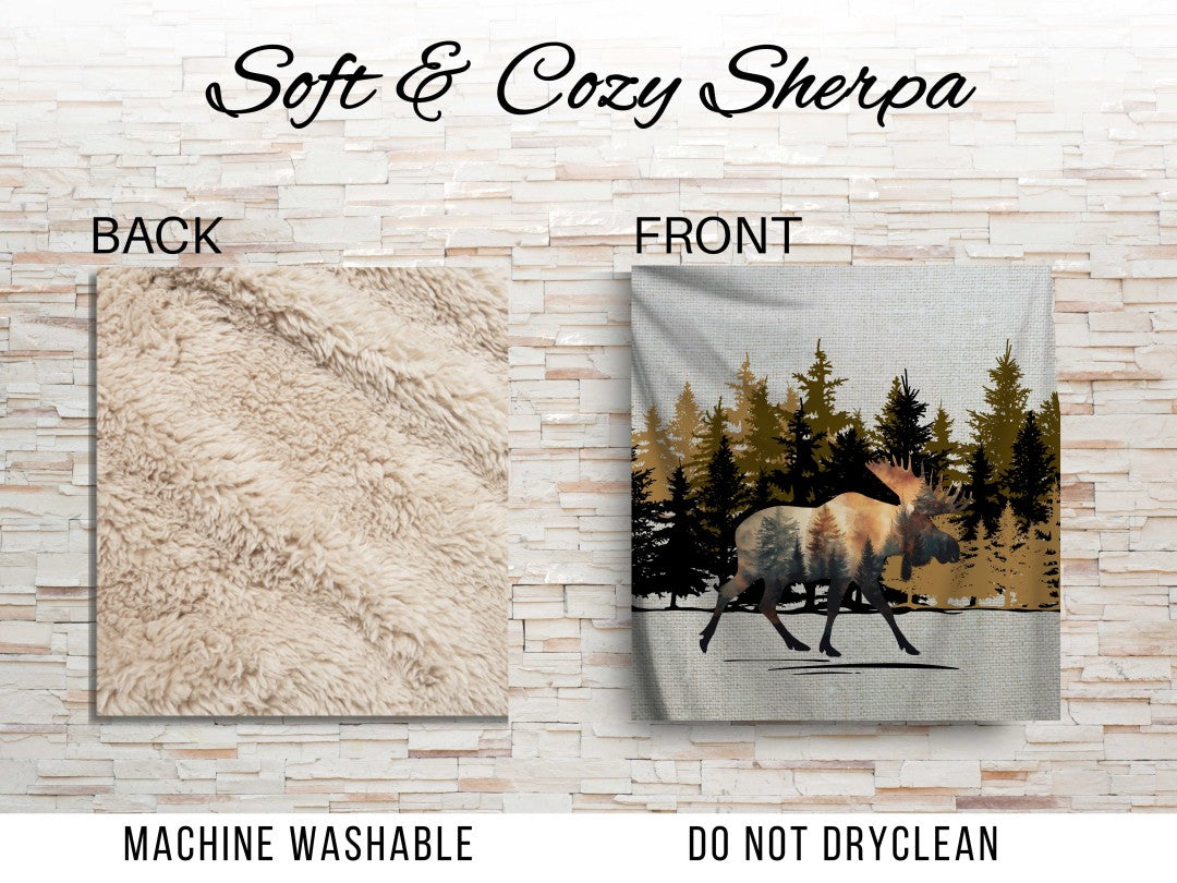Sherpa Throw Blanket - Moose Silhouette in Woods - Soft Plush Throw Blanket