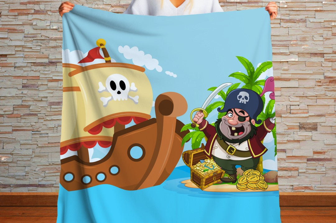 Sherpa Throw Blanket - Cartoon Kids Pirate Design - Soft Plush Throw Blanket