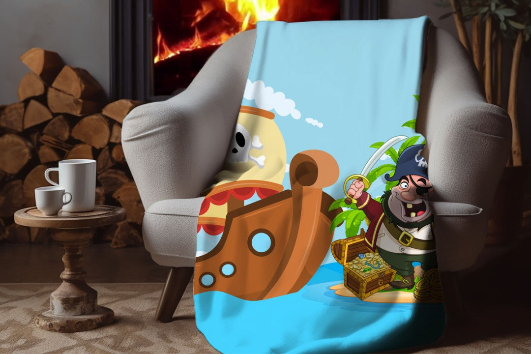 Sherpa Throw Blanket - Cartoon Kids Pirate Design - Soft Plush Throw Blanket