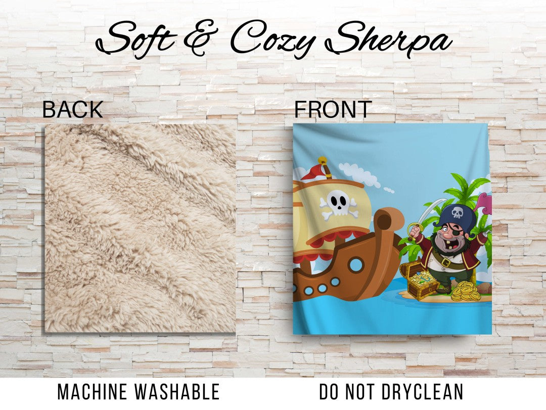 Sherpa Throw Blanket - Cartoon Kids Pirate Design - Soft Plush Throw Blanket