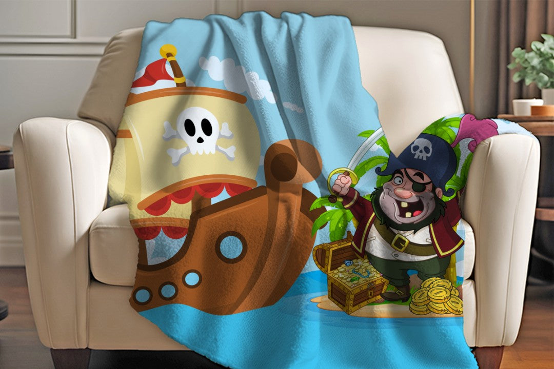 Sherpa Throw Blanket - Cartoon Kids Pirate Design - Soft Plush Throw Blanket