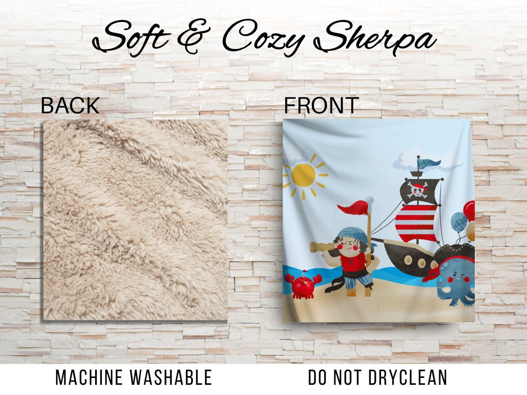 Sherpa Throw Blanket - Cartoon Kids Pirate Design - Soft Plush Throw Blanket
