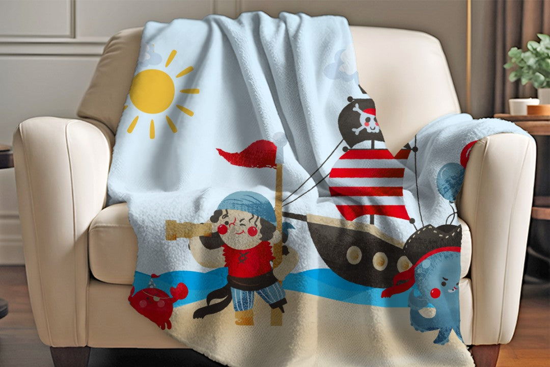 Sherpa Throw Blanket - Cartoon Kids Pirate Design - Soft Plush Throw Blanket