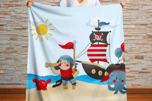 Sherpa Throw Blanket - Cartoon Kids Pirate Design - Soft Plush Throw Blanket