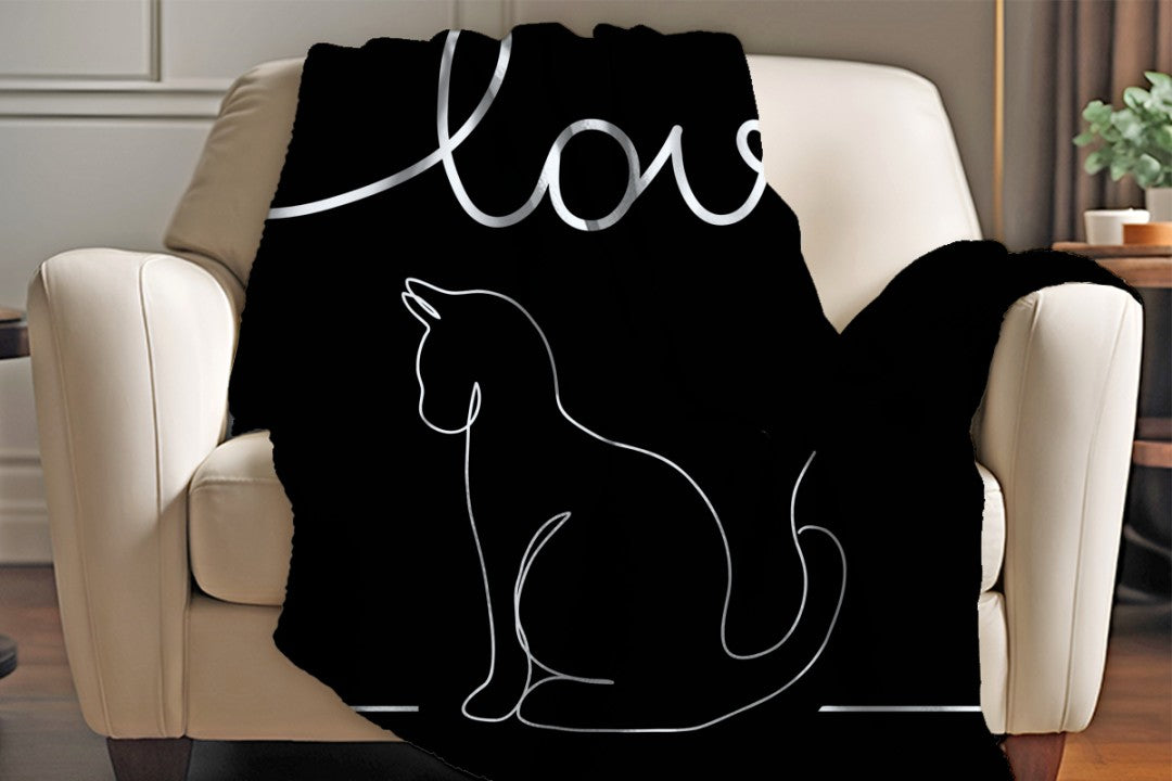 Sherpa Throw Blanket - Minimalistic Love Cat Black and White Design - Soft Plush Throw Blanket