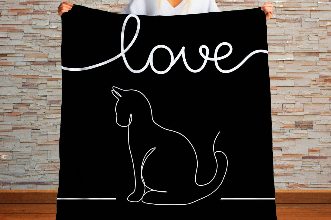 Sherpa Throw Blanket - Minimalistic Love Cat Black and White Design - Soft Plush Throw Blanket