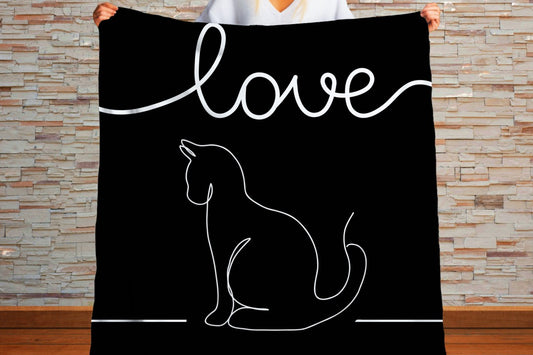 Sherpa Throw Blanket - Minimalistic Love Cat Black and White Design - Soft Plush Throw Blanket