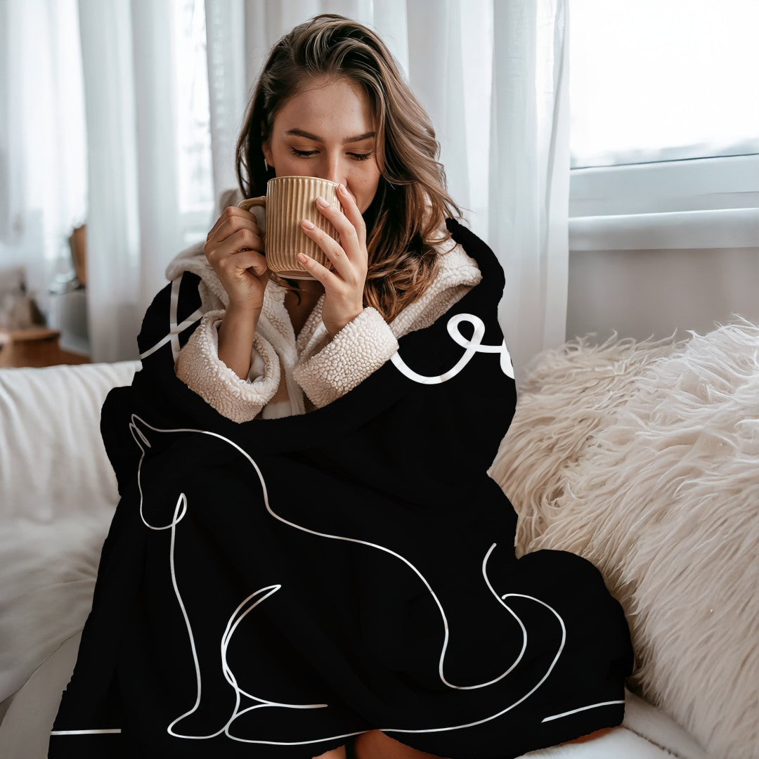 Sherpa Throw Blanket - Minimalistic Love Cat Black and White Design - Soft Plush Throw Blanket
