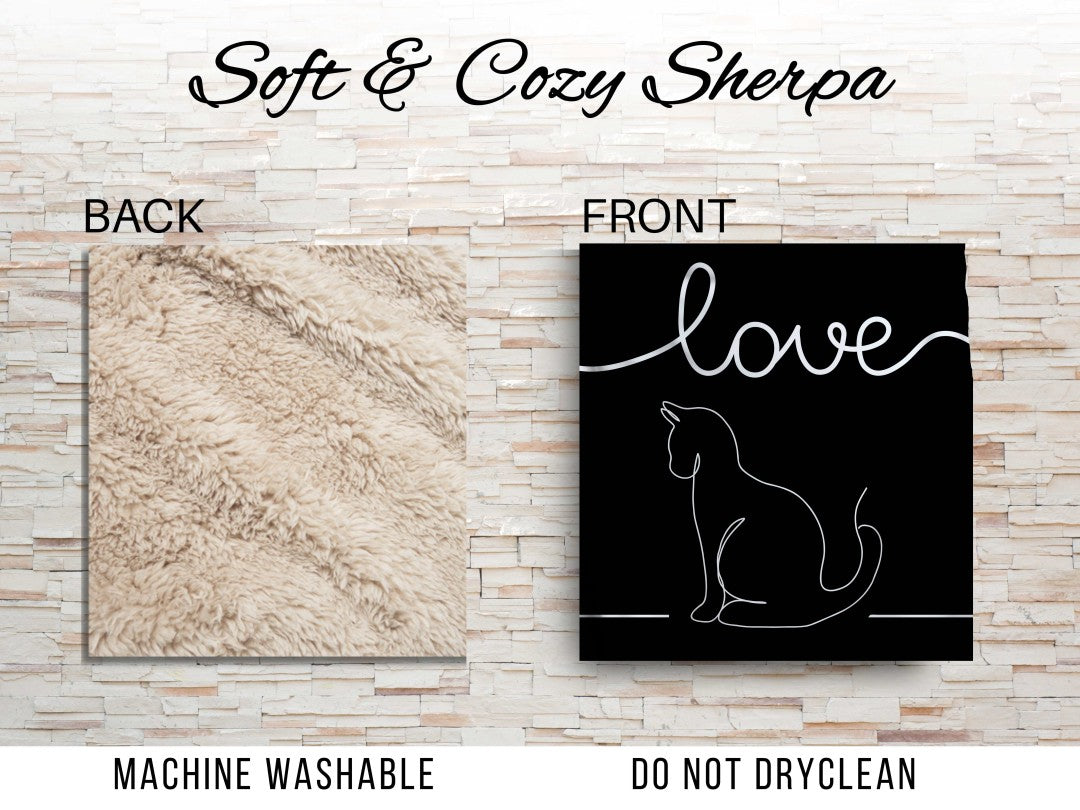 Sherpa Throw Blanket - Minimalistic Love Cat Black and White Design - Soft Plush Throw Blanket