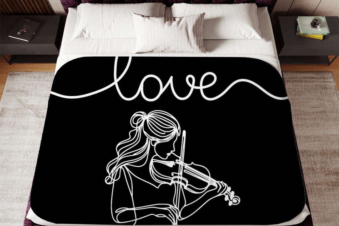Sherpa Throw Blanket - Minimalistic Love Violinist Design - Soft Plush Throw Blanket