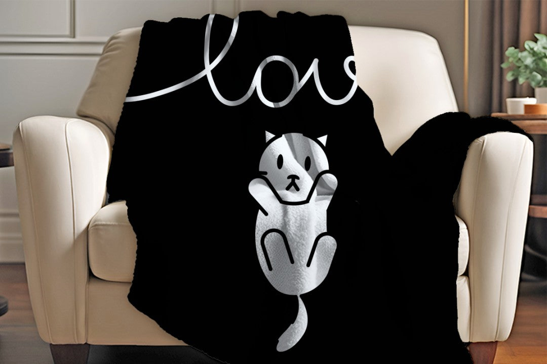 Sherpa Throw Blanket - Minimalistic Love Cat Black and White Design - Soft Plush Throw Blanket