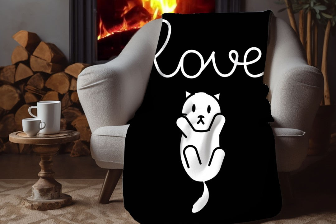 Sherpa Throw Blanket - Minimalistic Love Cat Black and White Design - Soft Plush Throw Blanket