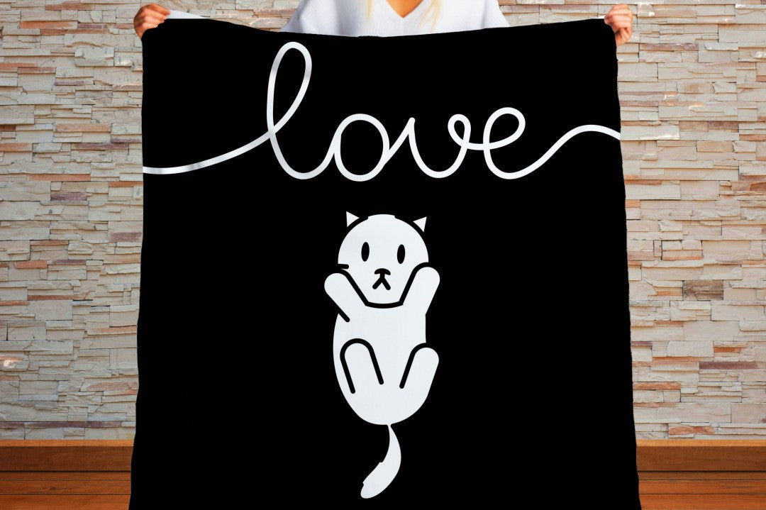Sherpa Throw Blanket - Minimalistic Love Cat Black and White Design - Soft Plush Throw Blanket
