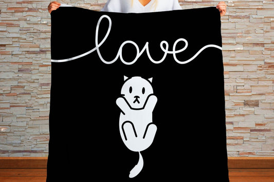 Sherpa Throw Blanket - Minimalistic Love Cat Black and White Design - Soft Plush Throw Blanket