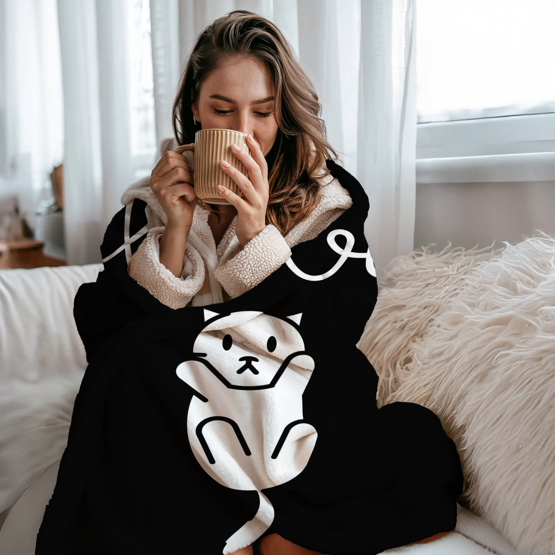 Sherpa Throw Blanket - Minimalistic Love Cat Black and White Design - Soft Plush Throw Blanket