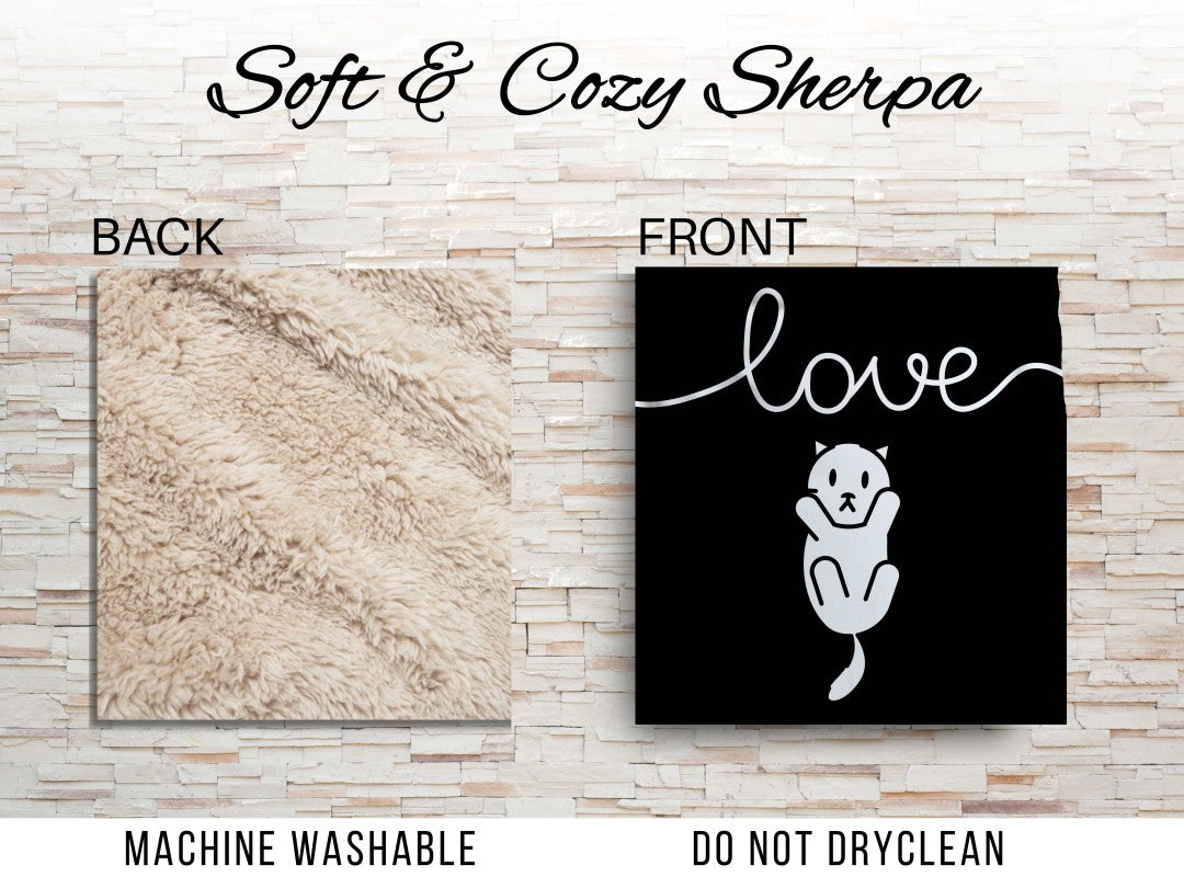 Sherpa Throw Blanket - Minimalistic Love Cat Black and White Design - Soft Plush Throw Blanket