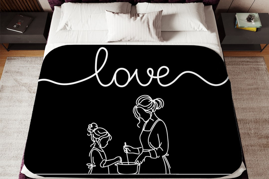 Sherpa Throw Blanket - Minimalistic Love Mom and Daughter Black and White Design - Soft Plush Throw Blanket