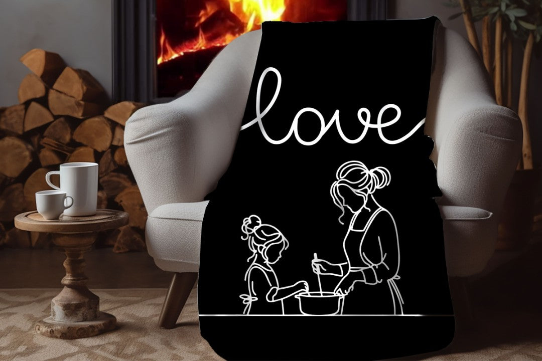 Sherpa Throw Blanket - Minimalistic Love Mom and Daughter Black and White Design - Soft Plush Throw Blanket