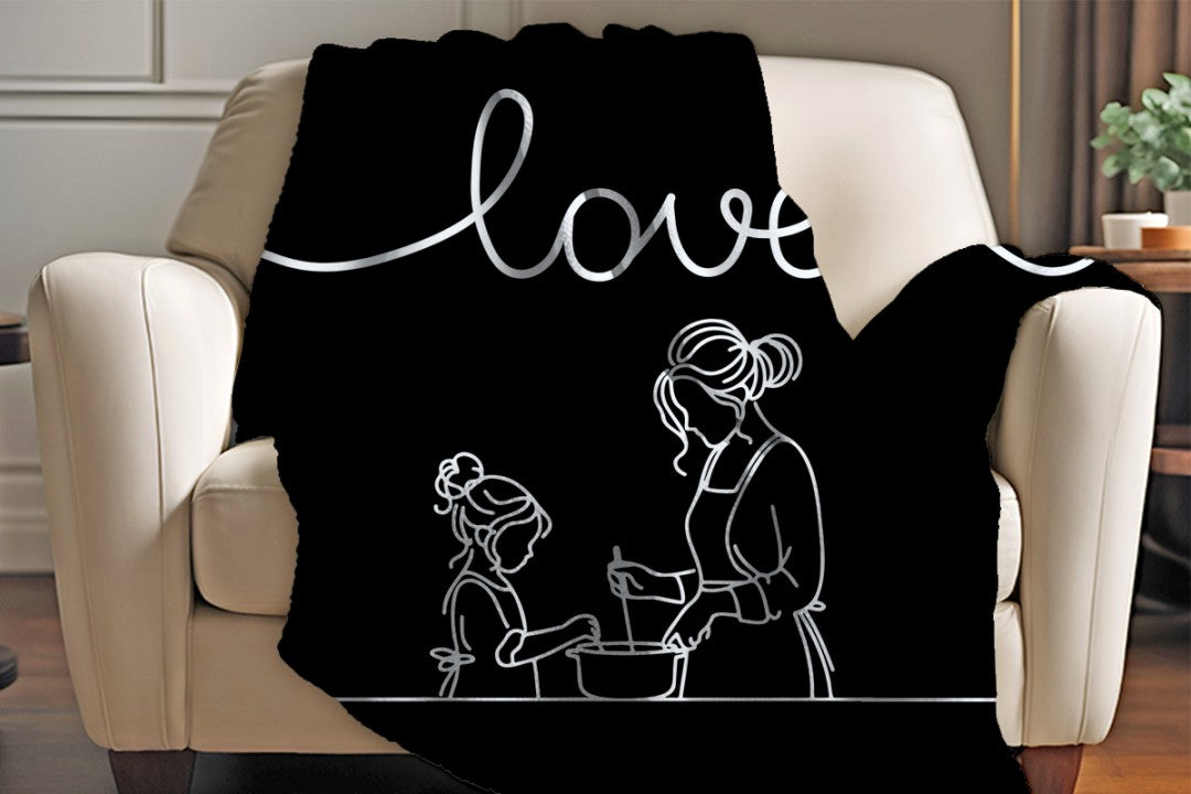Sherpa Throw Blanket - Minimalistic Love Mom and Daughter Black and White Design - Soft Plush Throw Blanket