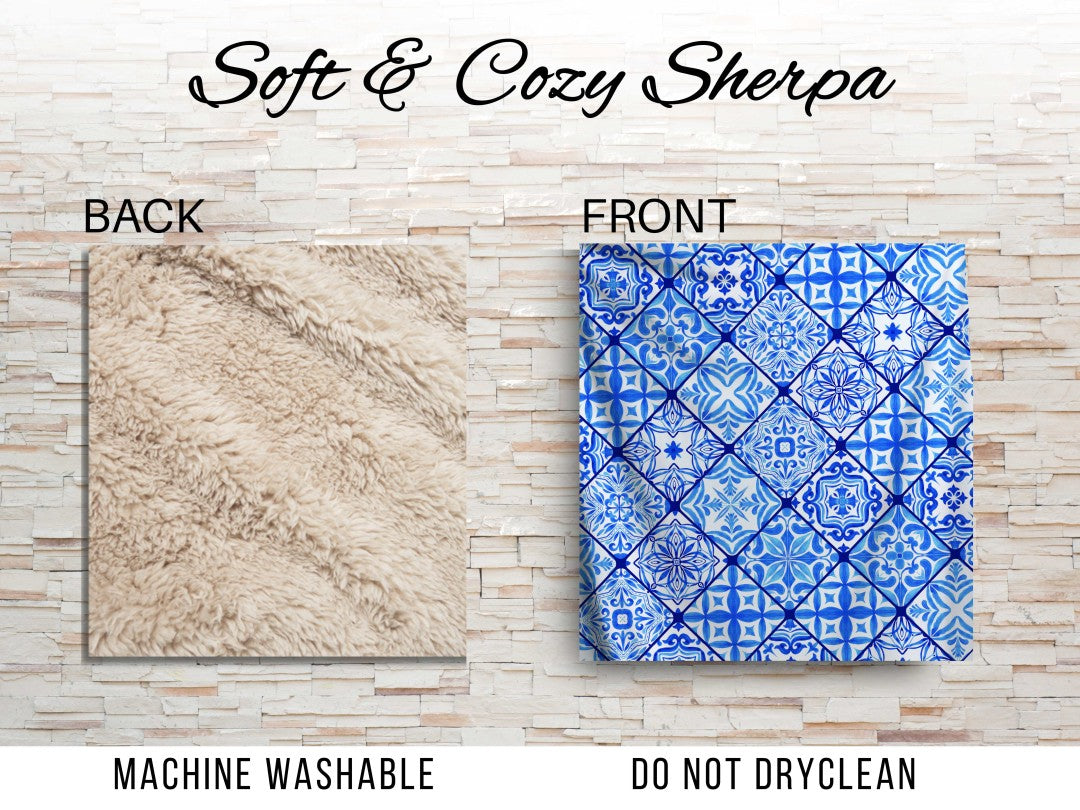 Sherpa Throw Blanket - Blue Mediterranean Tile Design - Soft Plush Throw Blanket