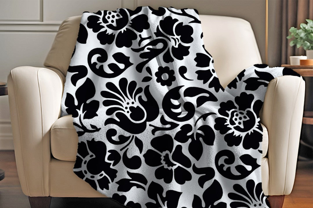 Sherpa Throw Blanket - Black and White Floral Design - Soft Plush Throw Blanket
