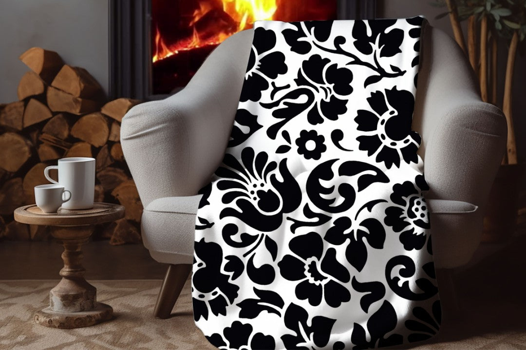 Sherpa Throw Blanket - Black and White Floral Design - Soft Plush Throw Blanket