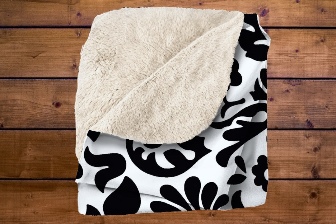Sherpa Throw Blanket - Black and White Floral Design - Soft Plush Throw Blanket