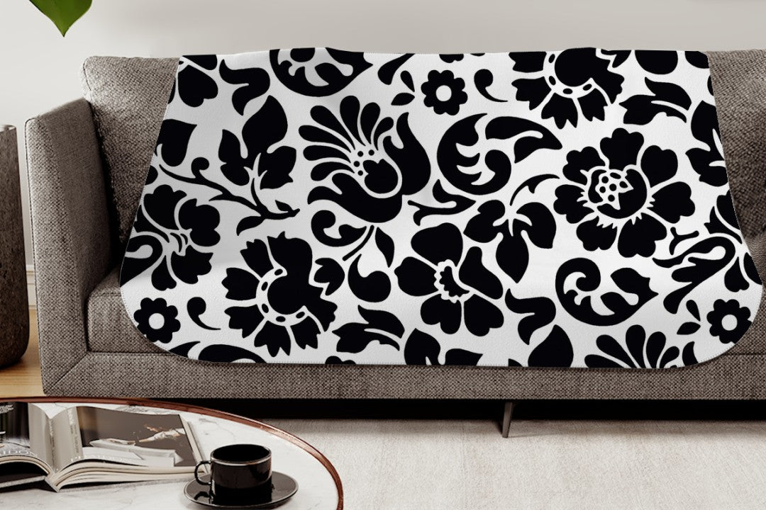 Sherpa Throw Blanket - Black and White Floral Design - Soft Plush Throw Blanket
