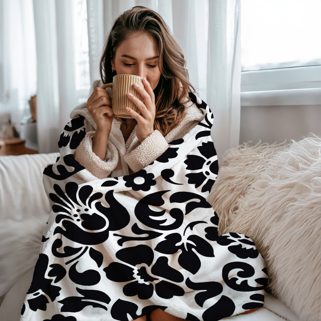 Sherpa Throw Blanket - Black and White Floral Design - Soft Plush Throw Blanket