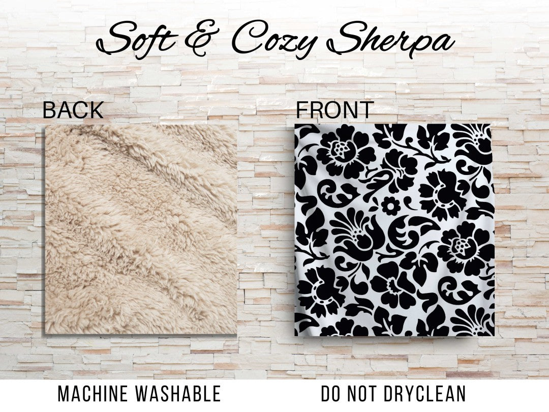 Sherpa Throw Blanket - Black and White Floral Design - Soft Plush Throw Blanket
