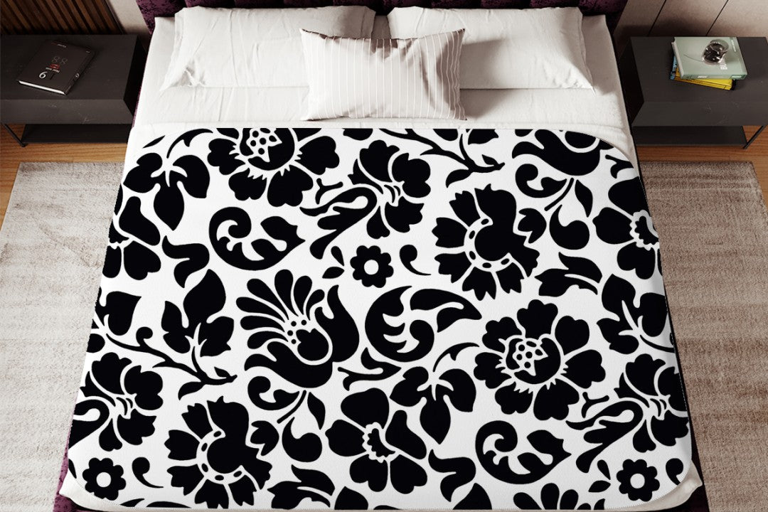 Sherpa Throw Blanket - Black and White Floral Design - Soft Plush Throw Blanket