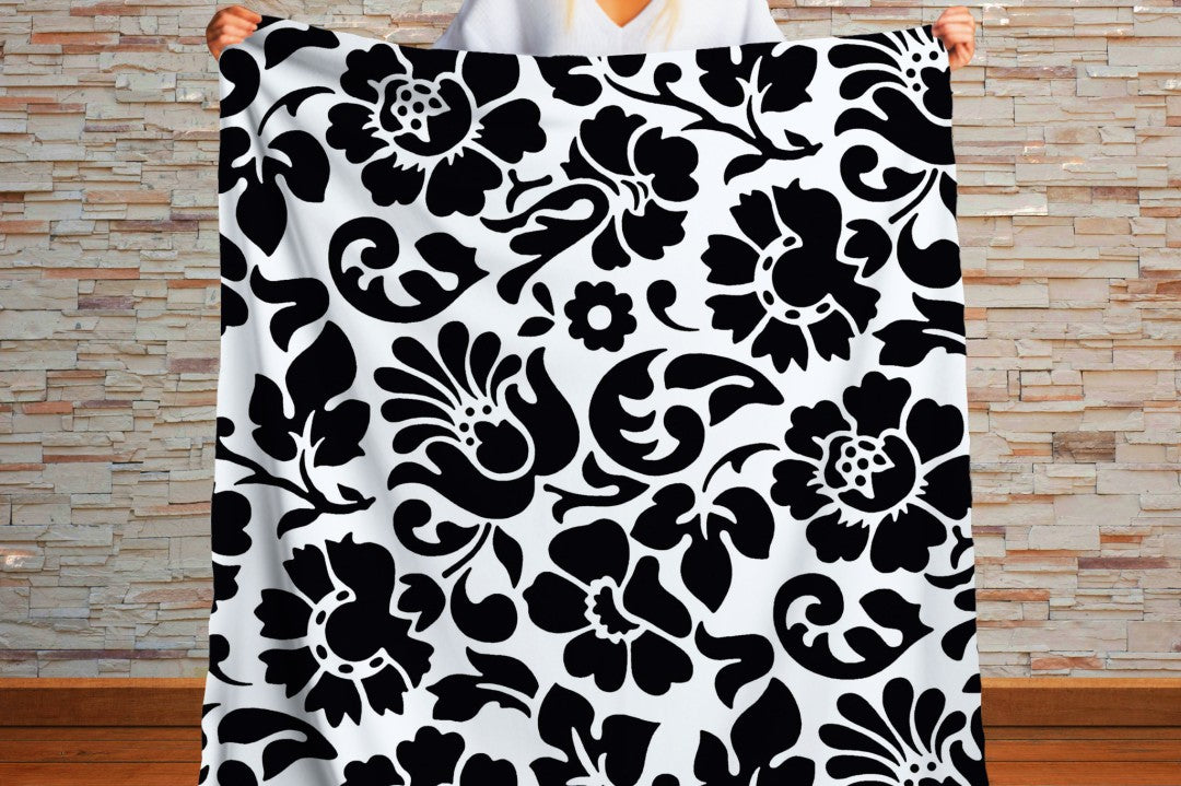 Sherpa Throw Blanket - Black and White Floral Design - Soft Plush Throw Blanket
