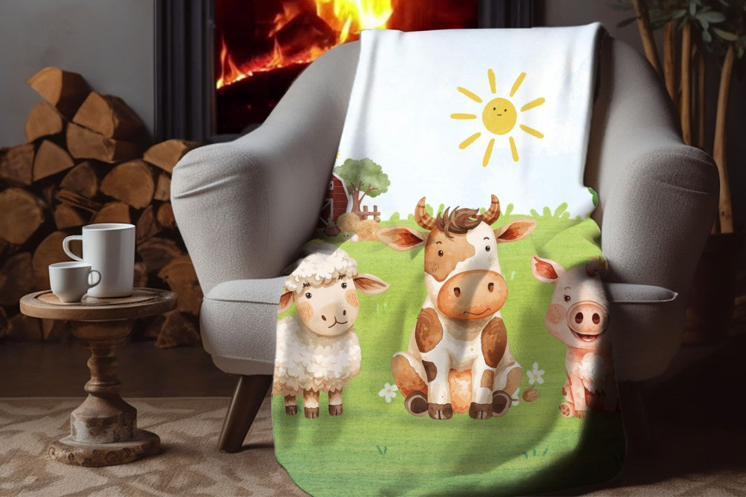 Sherpa Throw Blanket - Children's Watercolor Farm Design - Soft Plush Throw Blanket