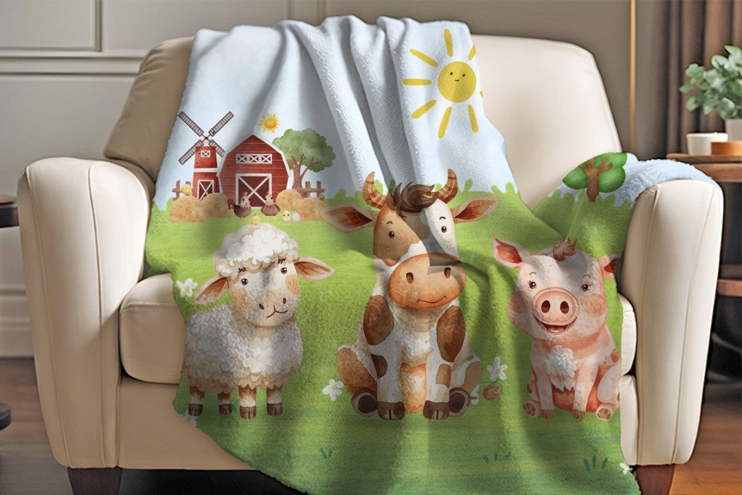 Sherpa Throw Blanket - Children's Watercolor Farm Design - Soft Plush Throw Blanket