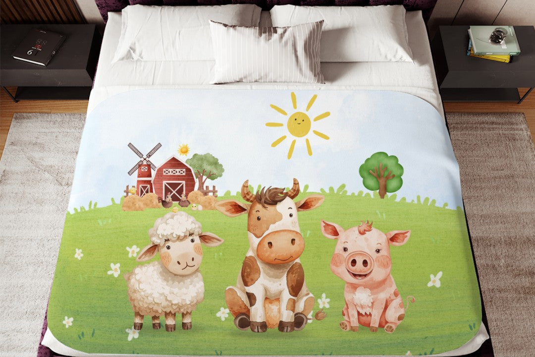 Sherpa Throw Blanket - Children's Watercolor Farm Design - Soft Plush Throw Blanket