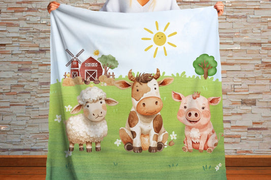 Sherpa Throw Blanket - Children's Watercolor Farm Design - Soft Plush Throw Blanket