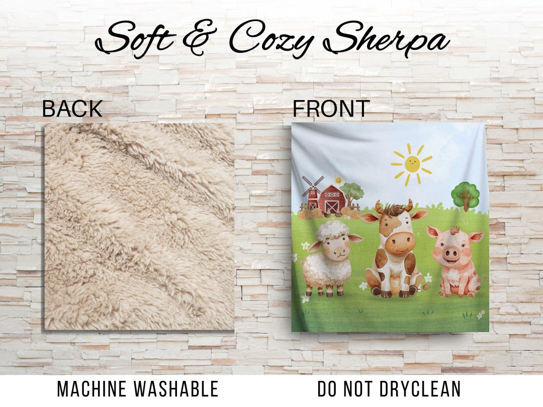 Sherpa Throw Blanket - Children's Watercolor Farm Design - Soft Plush Throw Blanket
