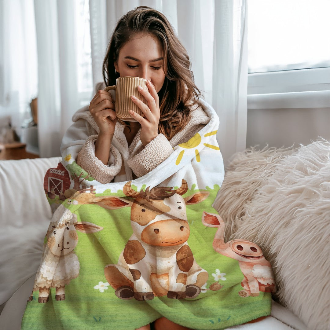 Sherpa Throw Blanket - Children's Watercolor Farm Design - Soft Plush Throw Blanket