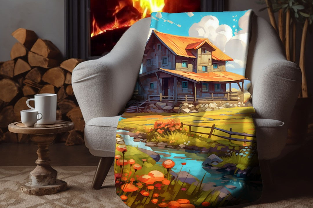 Sherpa Throw Blanket - Farm Landscape Design - Soft Plush Throw Blanket