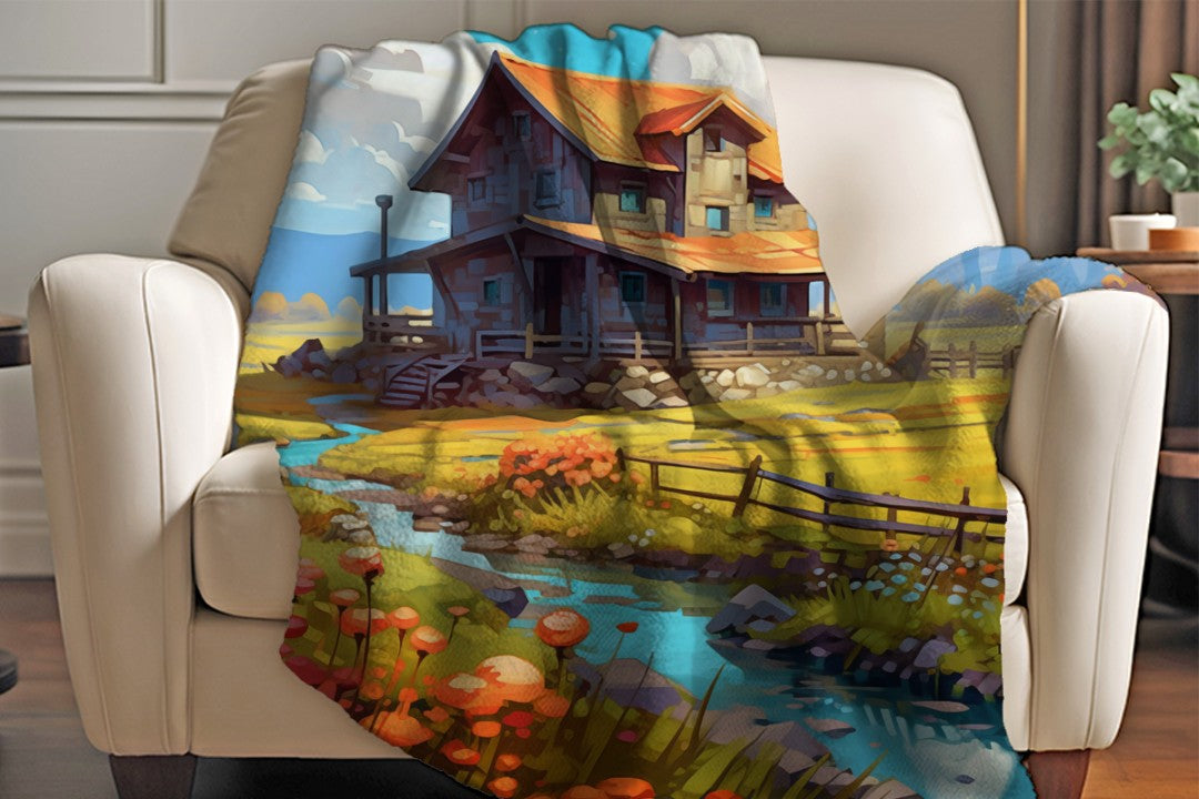 Sherpa Throw Blanket - Farm Landscape Design - Soft Plush Throw Blanket