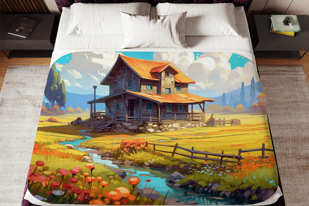 Sherpa Throw Blanket - Farm Landscape Design - Soft Plush Throw Blanket