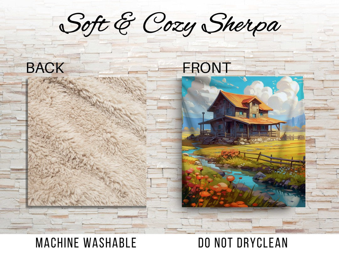 Sherpa Throw Blanket - Farm Landscape Design - Soft Plush Throw Blanket