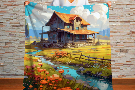 Sherpa Throw Blanket - Farm Landscape Design - Soft Plush Throw Blanket