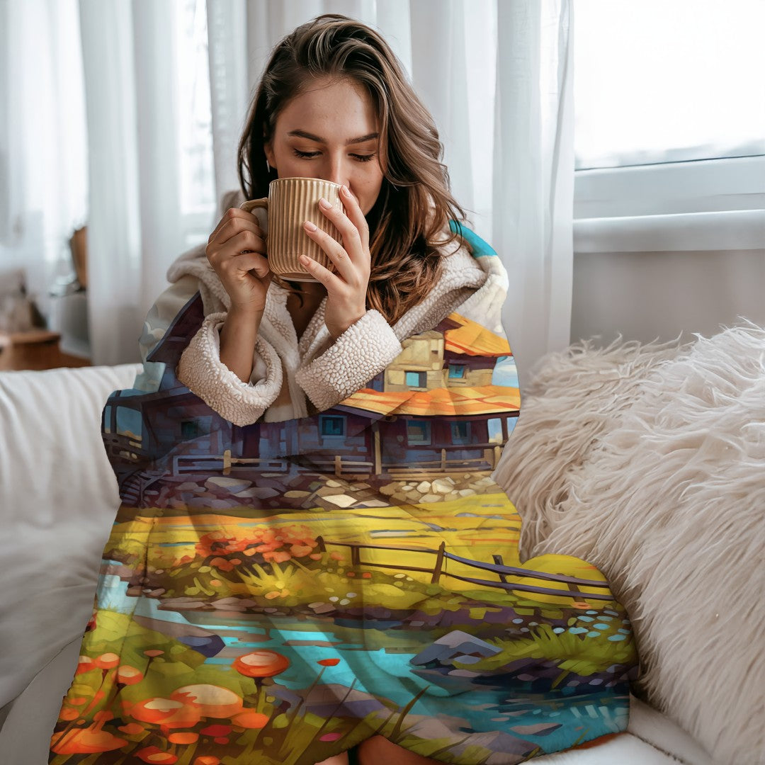 Sherpa Throw Blanket - Farm Landscape Design - Soft Plush Throw Blanket