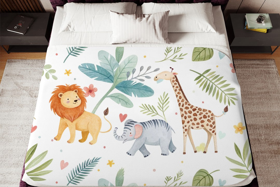 Sherpa Throw Blanket - Baby Jungle Animals Design - Soft Plush Throw Blanket
